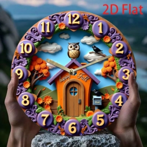 CUTE HOME 2D Decorative Clock – นาฬิกาลายบ้านและหมาป่า 2D**
